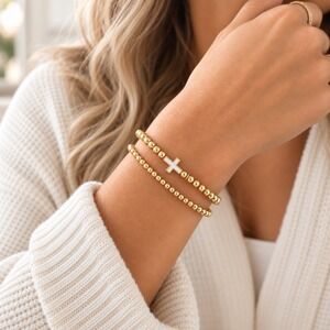 Tiny Tags 14k Gold Plated Mother of Pearl Cross Beaded Bracelet Stack Set of 2